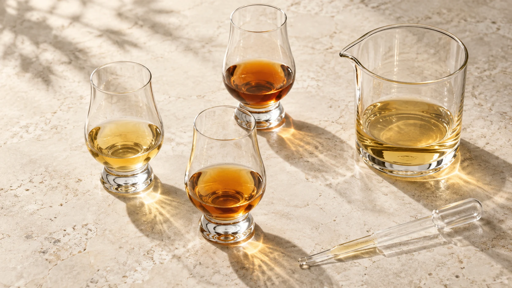 色合いの異なる原酒を比較するブレンデッドウイスキーのイメージ